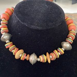 Handmade beads and silver tone tribal bead necklace